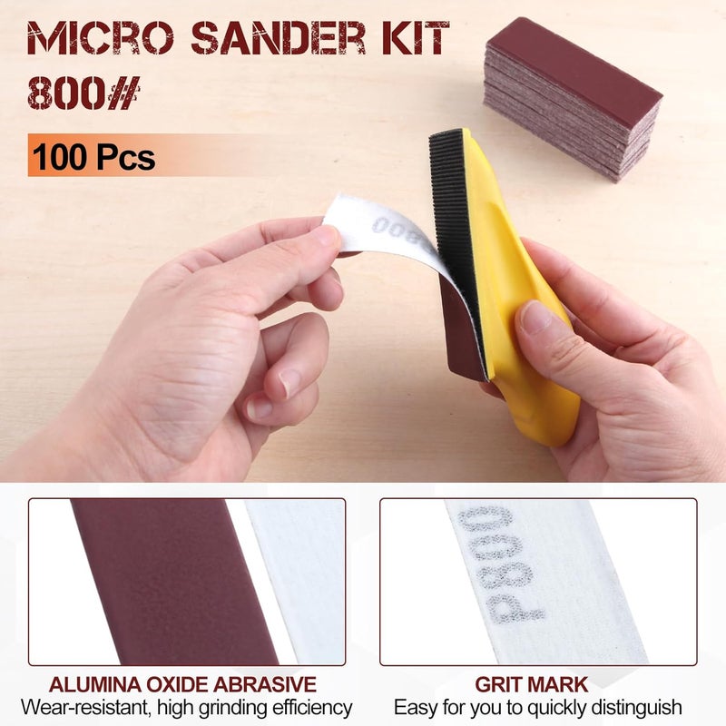 LEONTOOL 100Pcs 800 Grit Micro Detail Sander Paper Kit 3.5" x 1.2" Hook and Loop Sandpaper Strips Detail Sander Refills Finishing Sander Paper for Wood Crafts, Tight Spaces and DIY Polishing Projects - Image 3